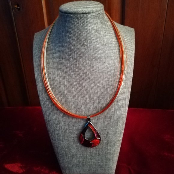 Red & Silver Wire Necklace with Red Enamel Pendant - Picture 1 of 4